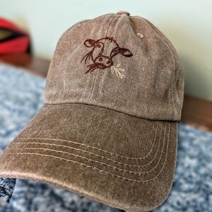 Hand Embroidered  Brown Cow Washed Baseball Cap
